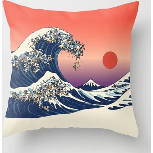 The Great Wave of Pug Decorative Pillowcases Cotton Linen Throw Pillow Case Home Sofa Decor Pillowcase