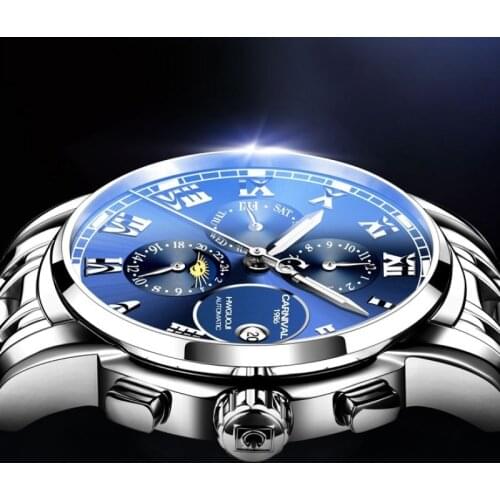 Fashion Moon Phase Watch Men CARNIVAL Multifunction Automatic Mechanical Watch Waterproof Calendar Luminous Relogio Masculino
