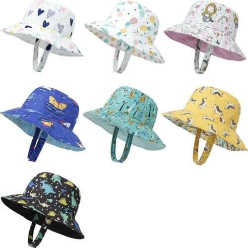 Pudcoco Two Sided Wearable Kids Fisherman Cap Summer Heart Print Sun-Resistant Bucket Hat with Wind Rope For Boys Girls, S/M/L