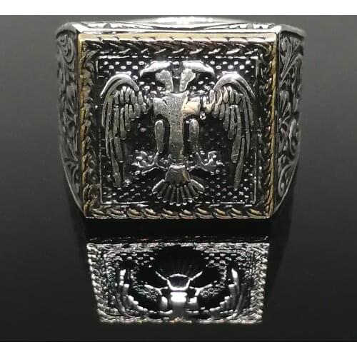Gothic Double Headed Eagle Design For Men Pure Sterling Silver Ring 925 Patterned High Quality Handmade Turkish Jewelry