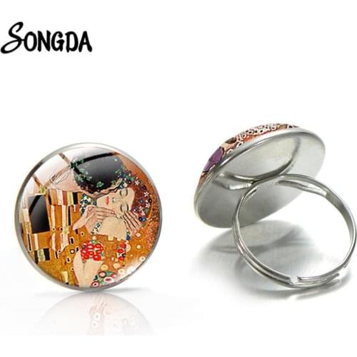 Gustav Klimt The Kiss Adjustable Round Silver Color Glass Cabochon Rings Resizable Finger Rings Klimt Art Jewelry Womens