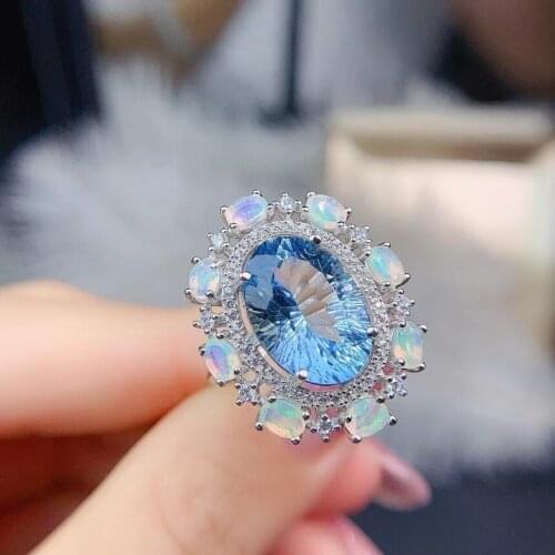 100% Natural And Real Blue Topaz With OPal Finger Ring 925 sterling silver ring Luxury style rings