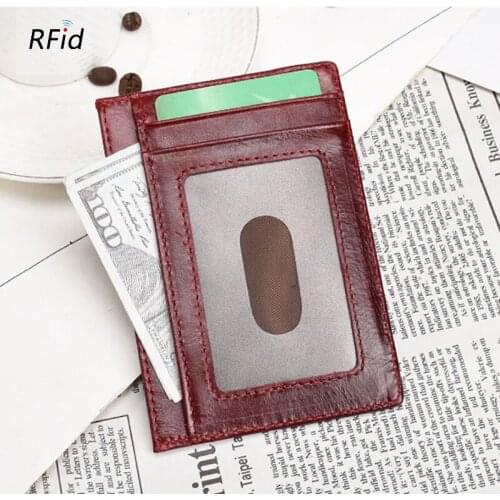 RFID Genuine Leather Easy Push Business Card Holder Mens Wax Oil Vintage Flat Wide Plus Size id card Wallet Clear Wndow Case