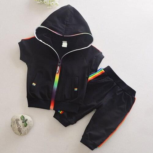 Childrens Clothing Suits Summer New Baby Boy Cotton Hooded Zipper Short-Sleeved Top + Shorts Two-Piece Girls Sportswear Outfits