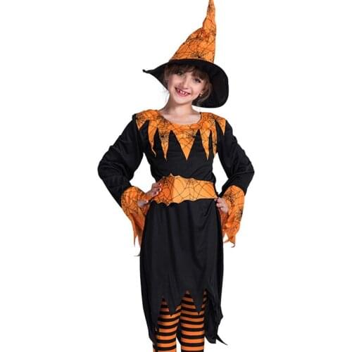 Girls Suit Halloween Witch Skirt Scary Pumpkin Cosplay Costumes Kid Horror Carnival Tall Hat with Striped Pants Cute Hat 2021