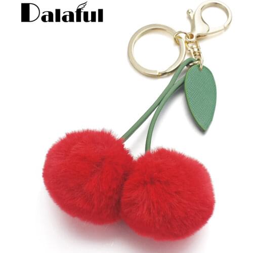 Beautiful Pompom Leaf Handbag Pendant Cute Cherry Artificial Rabbit Fur Ball Keychain Keyring Car Key Chain Ring Holder K347