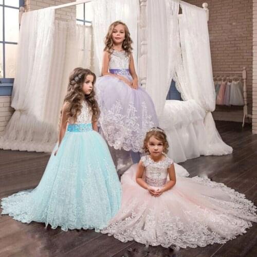 Kids Christmas Party Lace Embroidery Ball Gown Girls Floral Clothing Children Flower Girls Dresses for Wedding Evening Dress