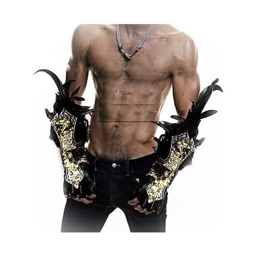 DIY Hand made Feather Sequin Wrist Cuffs Black Real Natural Dyed Rooster Feather Wrist Party Halloween