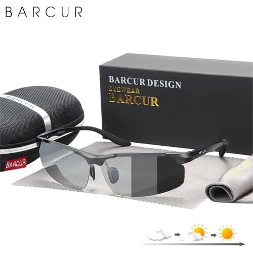 BARCUR Aluminium Magnesium Frame Polarized Sunglasses Men Photochromic Automatic Color Changing Rectangle Sport Eyewear