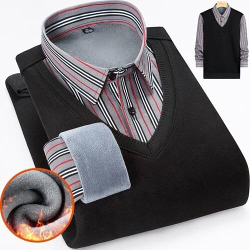 Winter Mens Regular Fit Fake Two-piece Pullover 2021 Autumn New Men Plush Thick Warm Casual Sweater Male Classic Brand Knitwear