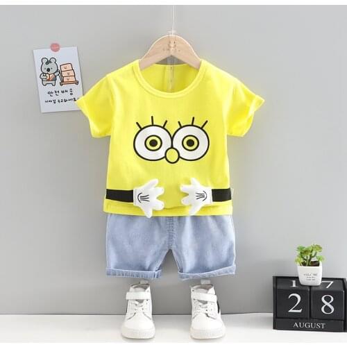 New children wear round neck short sleeve shorts two piece set boys and girls summer new cartoon big eyes short sleeve set 0-5 y