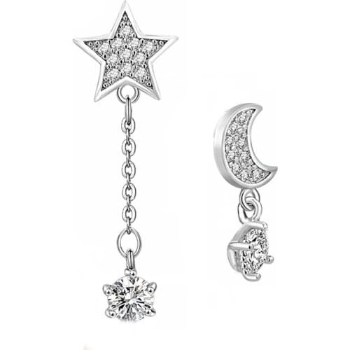 Prevent Allergy 925 sterling silver Zircon Moon Star Asymmetrical Stud Earrings For Women Jewelry pendientes oorbellen