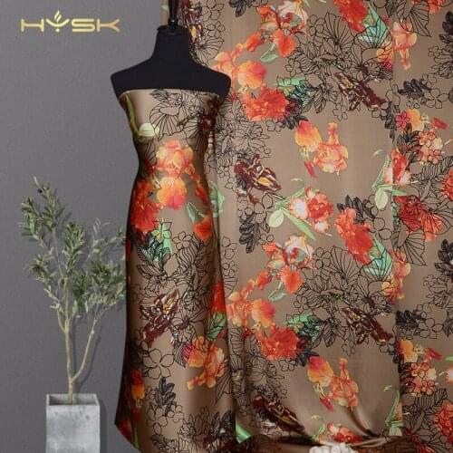 HYSK 100% real silk satin fabric 19mm genuine unique hand printing floral DIY sewing silk charmeuse by meter for dress C2390