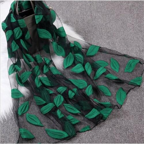 Silk Womens Scarf Leaves And Flower Pattern Long Shawl Scarves Spring Autumn High-Quality Organza Lady Elegant Hijab Wraps