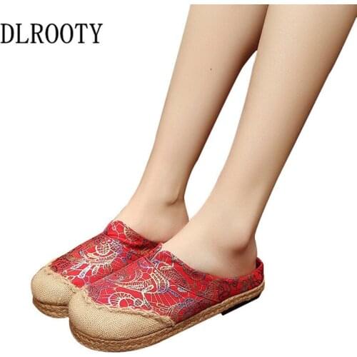 Women Slippers Hemp National Style Embroider Sandals Shoes Flip Flops Summer Fashion Outdoor Home Slides Slip On Casual Female