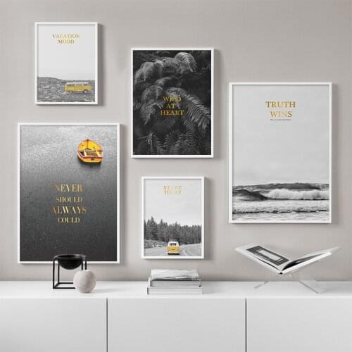 Nordic Black White Wall Art Sea Landscape Poster Bus Leaf Quotes Print Canvas Painting Scandinavian Picture Cuadros Decoration