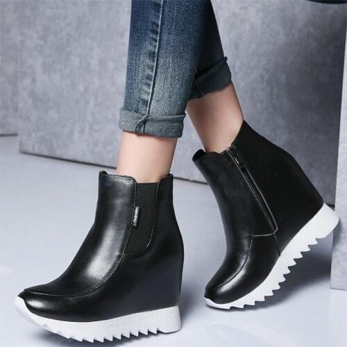 Casual Shoes Women Genuine Leather Wedges High Heel Platform Pumps Shoes Female High Top Round Toe Fashion Sneakers Punk Booties