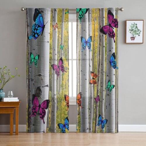 Color Butterfly Birch Forest Sheer Curtains for Living Room Bedroom Kitchen Chiffon Tulle Curtains Home Hotel Coffee Decor