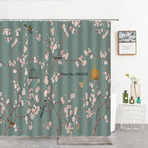 Waterproof Polyester Fabric Shower Curtains Chinese Flower Birds Decor Multi-size Ink painting Shower Curtains for Bathroom