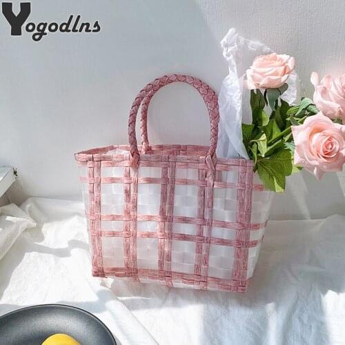 Ladies Plaid Striped Totes Bag For Women Transparent Waterproof Large Capacity Shoulder Handbag Lady Beach Woven Shopping Purses