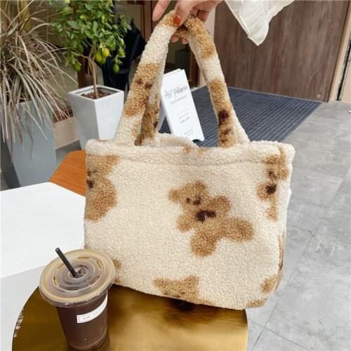 Female Large Capacity Soft Shopping Bag Cartoon Book Bag for Girls Women Plush Bear Tote Handbags Lamb Like Fabric Shoulder Bags