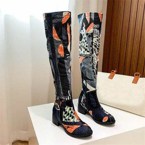 Retro Printing Women 5CM Chunky High Heel Boot Casual Denim Botas Mujer Autumn Thigh High Boots Jean Shoes Over the Knee Boots