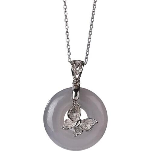 S925 sterling silver natural Hetian smoke mauve Jade Pendant Retro Personality Butterfly Peace buckle Womens pendant