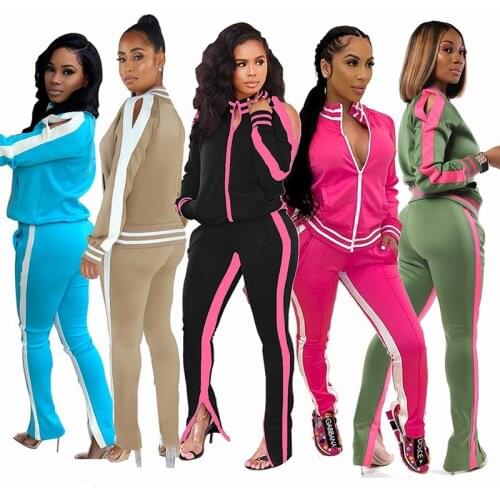 Casual Women Two Piece Set Crop Top Coat +Pants With Pocket Color Patchwork Sportwear Herm Split Out Shoulder Hollow Out Suit