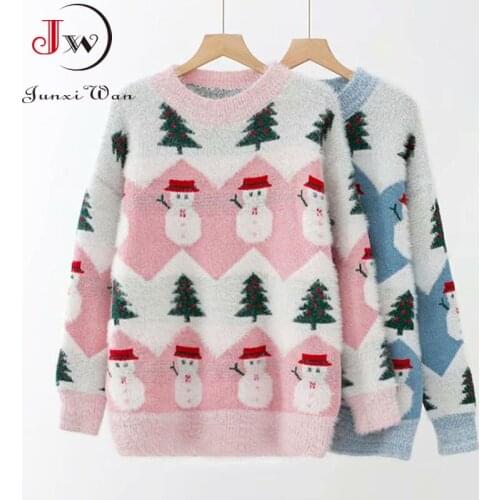 Thick Mohair Sweater Women Autumn Winter Long Sleeve Snowman Embroidery Christmas Clothes Casual Pullovers Jumper