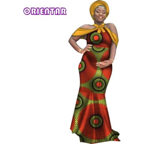 Women African Dress with Headscarf African Wax Print Dashiki Dress Bazin Riche Dress Lady Evening Party Private Custom WY3648