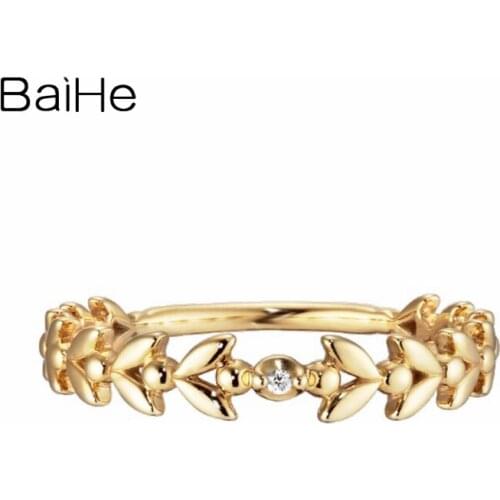 BAIHE Solid 14K Yellow Gold 0.005ct Round Natural Diamond Engagement Women Simple refined Beautiful leaves Gift Ring
