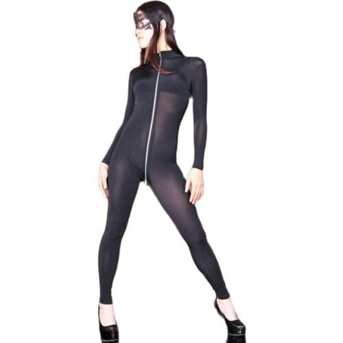 Plus Size Ice Silk Transparent Bodystocking Sexy Hot Erotic Lingerie One Piece Zip Open Crotch Fishnet Bodysuit Teddies Babydoll