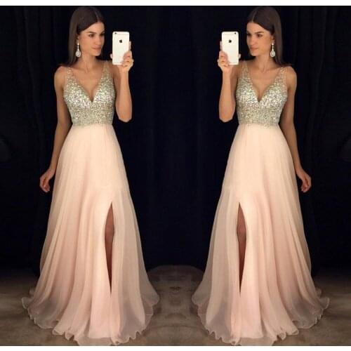 2019 A-LINE V-NECK FLOOR LENGTH PROM EVENING DRESS PINK TULLE SPLIT FORMAL DRESS EVENING GOWNS FLOOR LENGTH FOR WEDDING PARTY