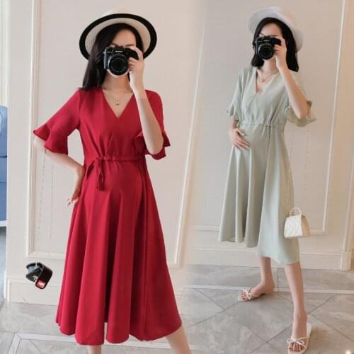 2020 Maternity Dresses Summer Style V-Neck Solid Mid-Calf Pregnancy Dress Sashes Casual Elegant Maternity Clothes