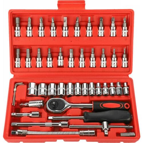 46Pcs Ratchet Wrench Socket Tools Set Metric 1/4'' Drive Screwdriver with Box Car Wrenchs Universal Ratchet Repair Tool