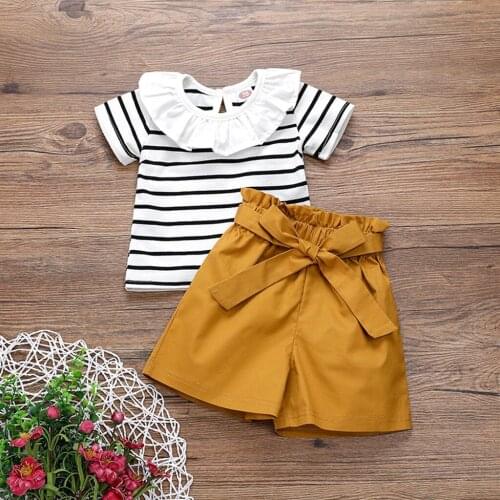 Toddler Baby Girl Short Sleeve Stripes Floral Ruffle T-shirt Tops+Bow Shorts Set Infant Clothing For Baby Girls Clothes Set