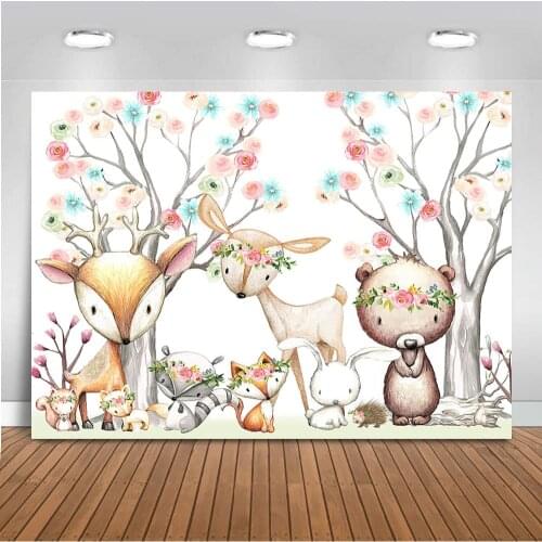 Woodland Safari jungle background for photo Newborn Baby Shower Backdrop for Photography Fawn Raccoon Fox Theme Party