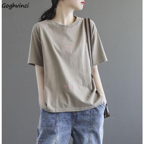 Short Sleeve T-shirts Women Loose Casual Embroidery Plus Size M-4XL Trendy Soft Basic Tees Tops Female Minimalist All-match Ins