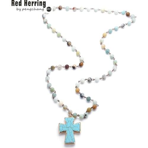 Fashion Bohemian Tribal Artisan Jewelry Rosary Chain Amazonite Stones Cross Necklace