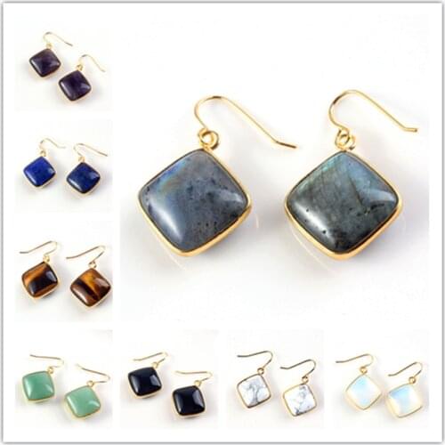 Trendy-beads Light Yellow Gold Color Tiger Eye Stone Rhombus Cabochon Dangle Earrings White Turquoises Jewelry