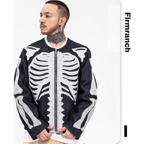 Firmranch New 2021 Men/Women High Quality Patchwork Design Skeleton Jeans Coat Denim Jacket Hip Hop Streetwear Casual Overcoat