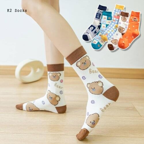 New Kawaii Cartoon Bear Cherry Sockings Japanese Cotton Letter Fashion Happy Cute Harajuku Funny Soft Long Girls Women Socks
