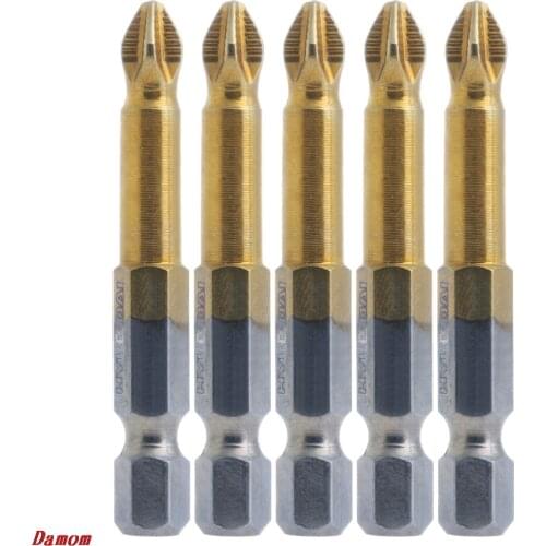 OOTDTY 5Pcs/set Titanium Coated Hex Shank Anti Slip Electric Screwdriver Bits PH2 50mm