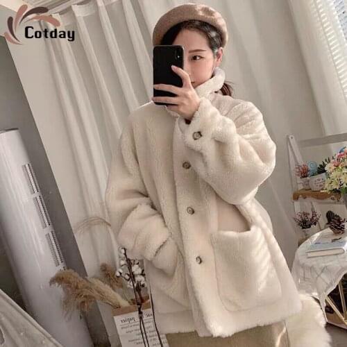 Cotday Office Lady 2021 Fashion Fur Granule Cashmere Sheep Shearing Coat Female Wool Lamb Wool winter Short Coat With Special