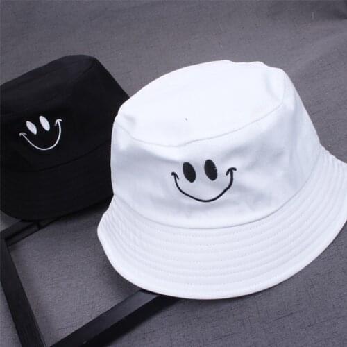 1PC Women Smile Bucket Hat Double Sided Bucket Hat Smiling Face Unisex Fashion Bob Cap Hip Hop Gorro Men Summer Cap