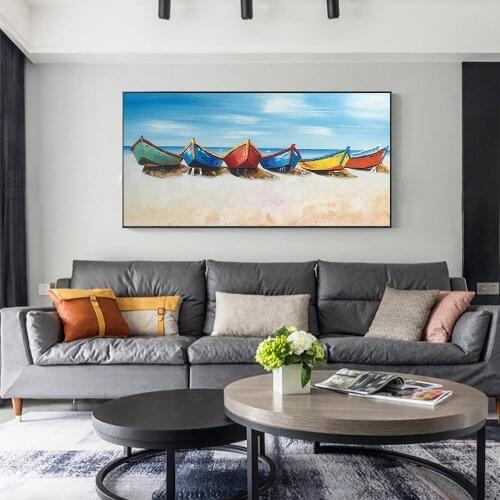 Hand Painted Boat Beach Canvas Painting Landscape Oil Painting For Living Room Salon Decoration Modern Wall Art Picture Handmade
