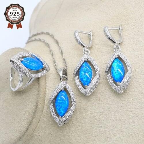 Silver Jewelry sets For Women Luxury 925 Sterling Silver Blue Opal Ring Earrings Pendant Set Fashion Jewelry
