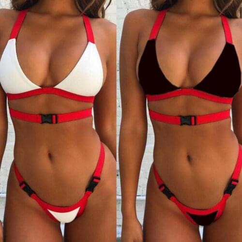 Sexy Deep V Neck Bikini Womens Solid Buckle Split Swimsuit Push Up Bra +Thong Biquini Feminino 2021 New Bathing Suit Two Piece