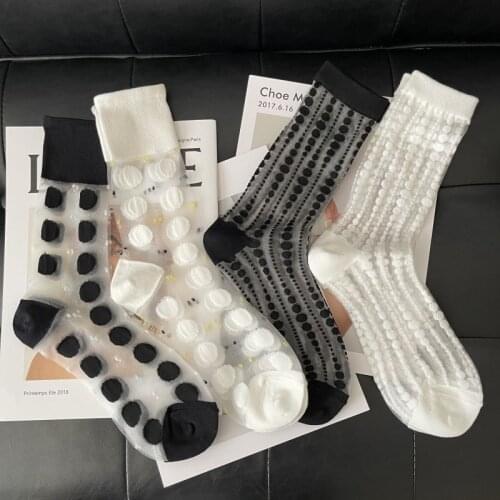 Polka Dots,Water Droplets Ultra-Thin Transparent Cute Socks Women Hollow Out Crystal Silk Black White Socks Skarpety Damskie