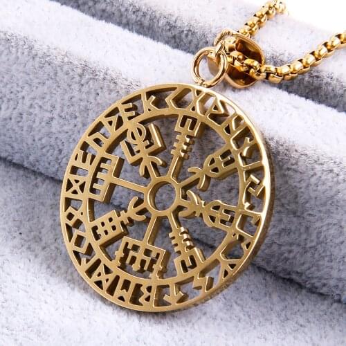 Vintage Stainless Steel Viking Compass Pendant Necklace Mens Biker Aegishjalmur Pendant Odin Rune Necklace Jewelry Gift